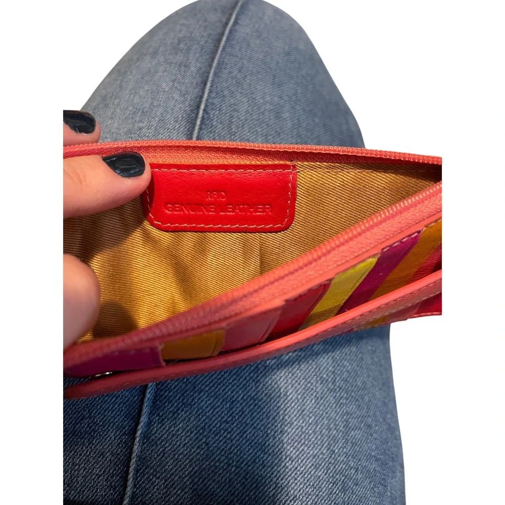 Ili New York Leather RFID Card Case Wallet Multi Color Striped Slim Zip Pouch